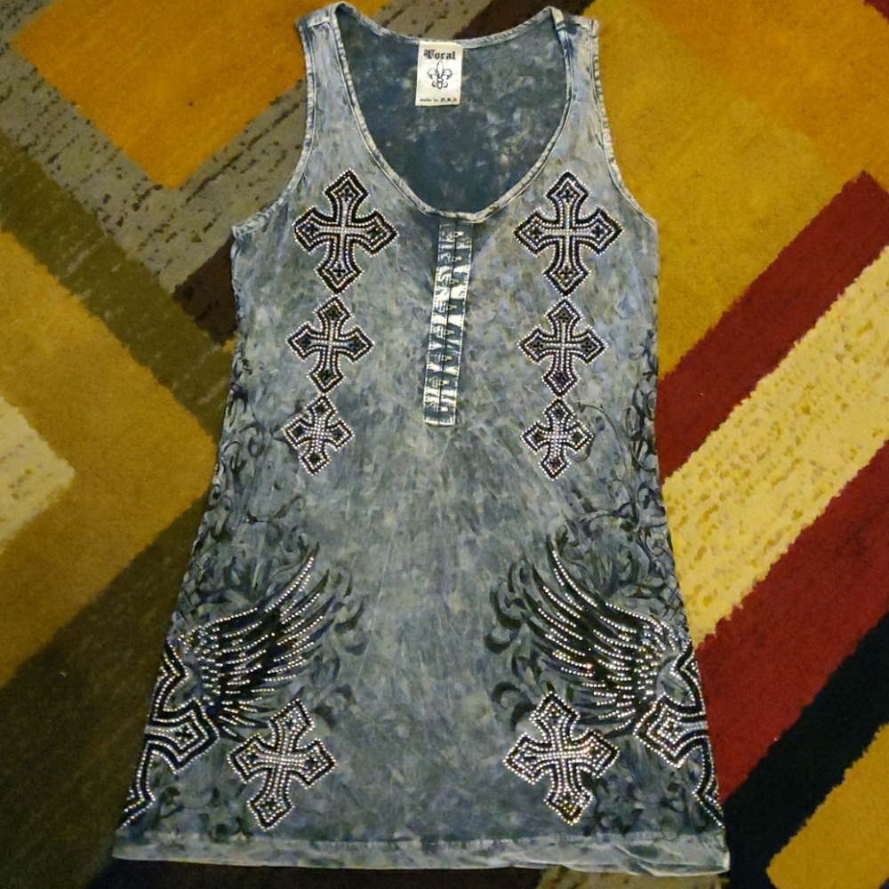 Gray bedazzled Vocal tank with crosses